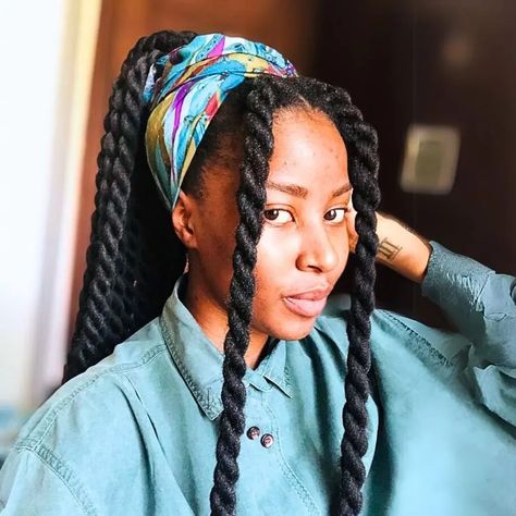 Havana twists with head scarf Jumbo Twist Over Locs, Jumbo Marley Twists Long, Big Twists For Black Women, Jumbo Marley Twists, Jumbo Twist Braids, Braid With Scarf, Big Twists, Wool Hairstyles, Long Twist Braids