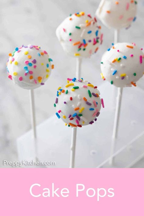 Want to learn how to make the perfect Cake Pops? These homemade cake balls are so easy to make, and the perfect bite-sized party treat for any occasion! These sweet treats are made with vanilla cake, frosting, and rainbow sprinkles but can be with any flavor combination. Cake Pops With Sprinkles, Perfect Cake Pops, Pumpkin Cake Pops, Sprinkles Birthday Party, White Cake Pops, Sprinkle Shower, White Cake Recipe, Birthday Cake Pops, Sprinkle Party