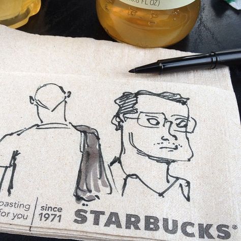 starbucks napkin sketch, artwork by john banh Napkin Doodles, Napkin Drawings Sketch, Drawing Sketches, Napkins, Doodles, Male Sketch, ? Logo, Drawings, Art