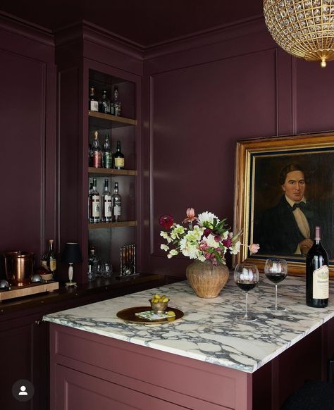 Oxblood Dining Room, Red Wine Paint Color, Plum Dining Room, Purple Kitchen Cabinets, Plum Kitchen, Dark Academia Interior, Wet Bar Designs, House Transformation, Burgundy Walls