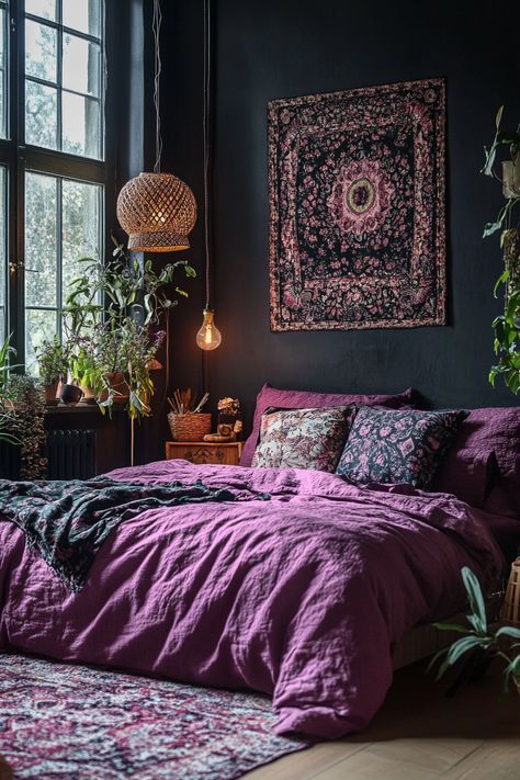 plum-bedroom Deep Plum Aesthetic, Dark Plum Room, Plum Colored Bedrooms, Brown And Purple Room, Eggplant Bedroom Walls, Dark Purple Paint Colors Bedroom, Plum Walls Bedroom, Dark Purple Bedroom Aesthetic, Whismgothic Bedroom