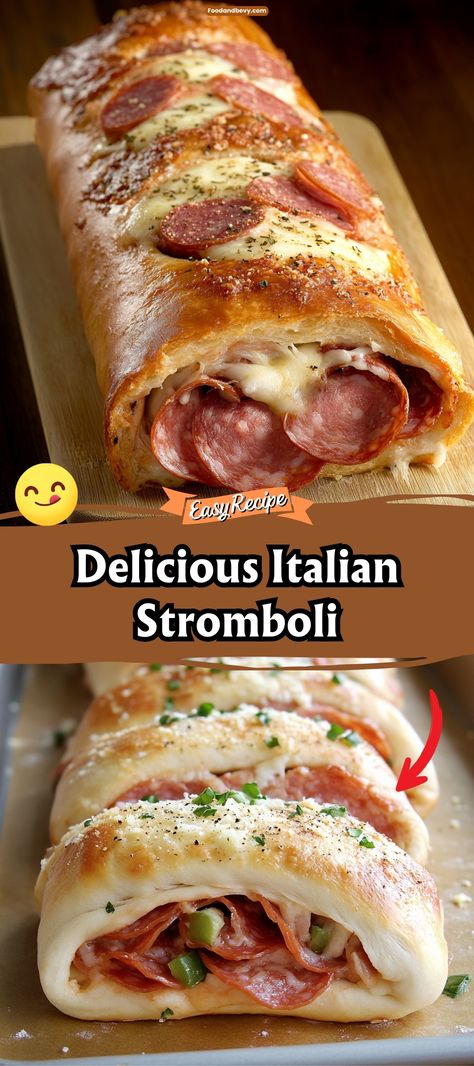 Savor the flavors of Italy with an Italian Stromboli, rolled bread stuffed with salami, ham, cheese, and pepperoni, then baked until golden. Perfect for slicing and sharing, this dish is a fantastic choice for gatherings or a filling family meal. #ItalianStromboli #BakedGoodness #HeartyMeals Italian Dinner Night Ideas, Stamboli Recipes, Ham Stromboli Recipe, Italian Calzone Recipe, Stuffed Italian Bread Recipes, Pizza Stromboli Recipe Easy, Italian Stromboli Recipe Easy Pillsbury, Meatball Stromboli Recipe, Stromboli Filling Ideas