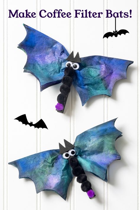 Learn how to make the cutest coffee filter bats for Halloween! These are so easy, budget friendly, and FUN to make for kids of all ages. Bats For Halloween, Googly Eye Crafts, Easy Halloween Crafts For Kids, Knit Stitch Patterns Free, Fall Knitting Patterns, Bat Craft, Craft Coffee, Fun Halloween Crafts, Fall Knitting