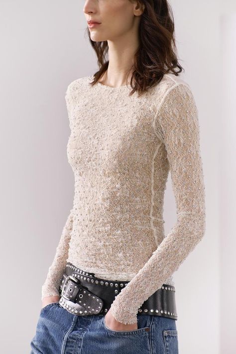 LACE TOP WITH RHINESTONES - Oyster-white | ZARA United Kingdom White Lace Top Long Sleeve, Zara Lace Top, Oyster White, Rhinestone Top, Sheer Lace Top, Lace Top Long Sleeve, White Lace Top, White Rhinestone, Sheer Lace