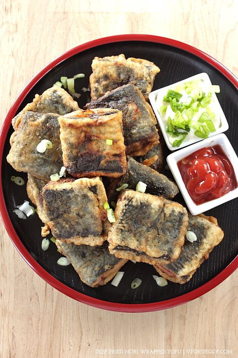 Deep Fried Nori Wrapped Tofu Recipe | V for Veggy Nori Recipe, Sushi Guide, Nori Wrap, Vegan Crab, Deep Fried Tofu, Tempeh Recipes, Vegan Fish, Tofu Recipe, Vegan Sushi