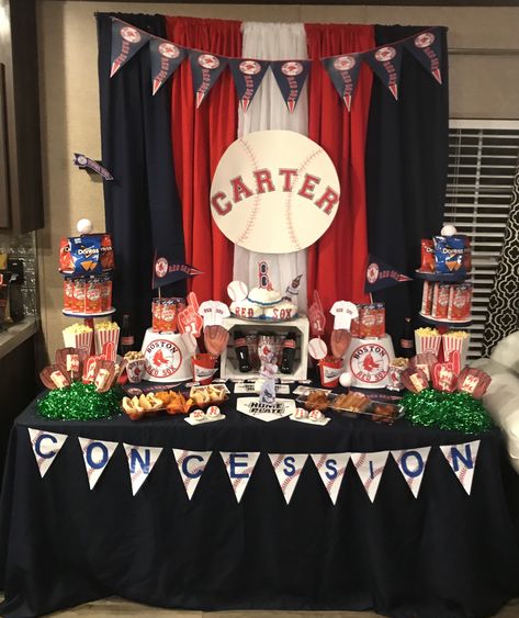 Red Sox concession Red Sox Party Decorations, White Sox Birthday Party, Red Sox Birthday Party, Red Sox Party, Baseball First Birthday, Baseball Theme Party, Baseball Socks, Baseball Party, Baseball Birthday