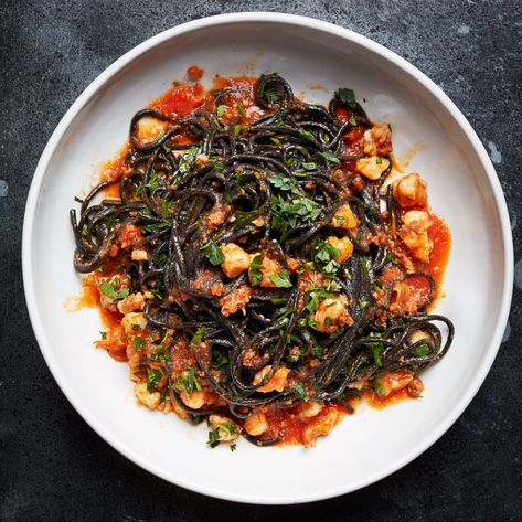 Nduja Pasta, Squid Ink Pasta Recipe, Tomato Food, Black Pasta, Ink Pasta, Pasta Shrimp, Pasta With Shrimp, Squid Ink Pasta, Make Pasta