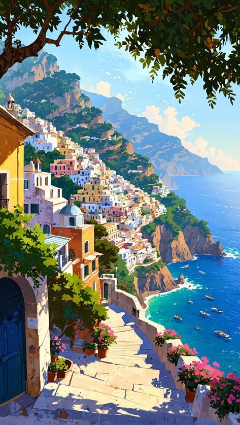 Serenity Wallpaper, Greek Sun, Seaside Restaurant, Mediterranean Art, Seaside Art, Seaside Style, The Setting Sun, Landscape Quilts, Seaside Village