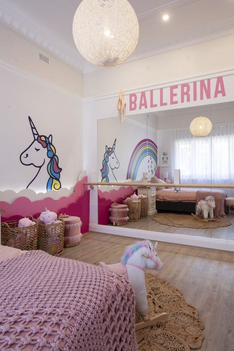 Every little dancer dreams of pink, ponies and a ballet barre in their room! Dancer Bedroom, Dance Bedroom, Dance Mirrors, Modern Coastal Home, Montessori Playroom, Ballet Barre, Dance Gifts, Modern Coastal, Coastal Homes