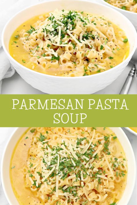 Parmesan Pasta Soup ~ Ditalini pasta in a rich and savory parmesan broth. Ready and on the table in under 30 minutes! Parmesan Ditalini Soup, Soup Recipes Ditalini, Pasta Winter Recipes, Parmesan Soup Pasta, Pasta In Soup, Ditalini Pasta Soup Recipes, Pasta Recipes With Chicken Broth, Soup Using Ditalini Pasta, Cozy Pasta Parmesan Soup