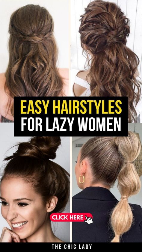 15 Lazy-Girl Hairstyles for Quick & Effortless Glam This Fall! Easy Hairstyles Long Thick Hair, Hairstyles For Cleaning The House, Updo Hairstyles Easy Simple, Updo Hairstyles Casual Easy, Chill Hairstyles Casual Simple, Simple Date Night Hairstyles, Cute Up Do Hair Styles, Masculine Hairstyles For Women Long Hair, Hairstyles To Keep Out Of Face