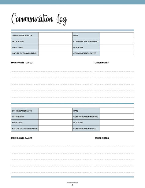 A printable Communication Log template with sections to record conversation details, including participants, date, start time, communication method, and key points. Information Template, Work Templates, Communication Log, Communication Methods, Free Phones, Administrative Assistant, Small Business Planner, Vet Med, Planner Templates