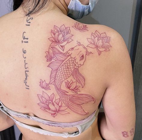 Pieces Tattoo Ideas For Women, Beautiful Name Tattoos, Red And Black Shoulder Tattoo, Coi Fish Back Tattoos, Koi Fish Tattoo Thigh Lotus Flowers, Red Collarbone Tattoo, Creative Back Tattoos For Women, Chinese Shoulder Tattoo, Koi Fish Neck Tattoo