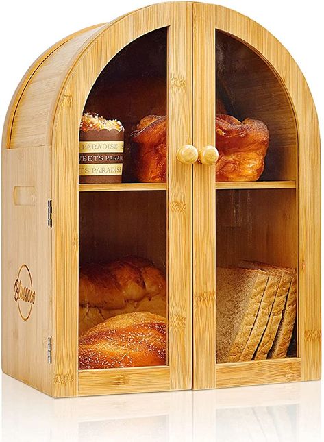 Amazon.com: Blusscoo Bread Box for Kitchen Countertop - Window Shape Large Bamboo Breadbox with Clear Window and Wall Mounted Design - Farmhouse Wood Bread Boxes Storage Holder (Fully-Assembly): Home & Kitchen Storage Above Fridge, Modern Kitchen Tools, Luxury Baby Room, Bread Holder, Wooden Bread Box, Creative Kitchen Gadgets, Boxes Storage, Bread Storage, Bread Boxes