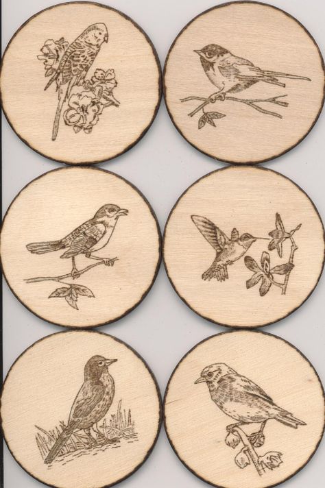 Birds that I woodburned onto wood circles.  I attached a magnet on the back, using Gorilla Glue.  After this picture was taken, I applied 2 coats of polyurethane. Wood Burning Ideas, Beginner Wood Burning, Wood Burning Techniques, Wood Burn Designs, Pyrography Patterns, Wood Burning Tool, Wood Slice Art, Woodburning Projects, Pyrography Art