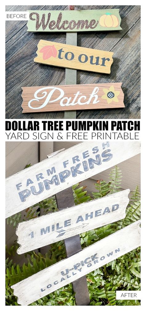 A colorful Dollar Tree pumpkin patch sign gets a farmhouse inspired makeover perfect for fall! #fall #falldecor #dollartree #dollartreeprojects #fallprintable #printables #autumn #pumpkinpatch Pumpkin Patch Party, Garden Decor Crafts, Pumpkin Patch Sign, Dollar Tree Pumpkins, Fall Decor Dollar Tree, Dollar Tree Hacks, Pumpkin Printable, Dollar Tree Fall, Room Cozy