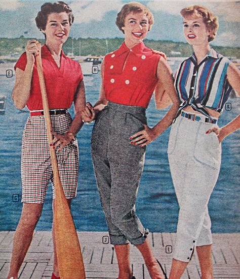 1958 nautical colors make summer capris fashionable 1950s Fashion Pants, 1950s Summer Fashion, 1950s Pants, 1950s Casual, 1950s Shirts, Vintage Summer Fashion, 1950 Fashion, 1950s Outfits, Fifties Fashion