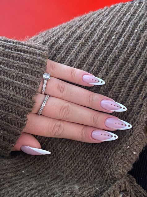 Fun French Nails Almond, Super Cool Nail Designs, Dotted French Tip Nails, French Tip Nails With Dots, Nail Dotting Designs, Nail Designs With Dots, Neutral Nails Acrylic, Colored Acrylic Nails, Dope Nail Designs