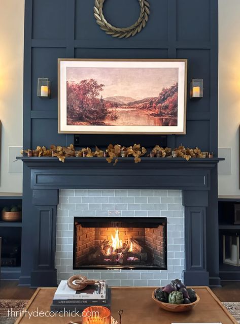 Charcoal Blue Fireplace, Dark Blue Painted Brick Fireplace, Deep Blue Fireplace, Hale Navy Fireplace, Slate Blue Fireplace, Blue Mantle Fireplace, Living Room Fireplace Color Ideas, Blue Mantel, Navy Blue Fireplace Mantel