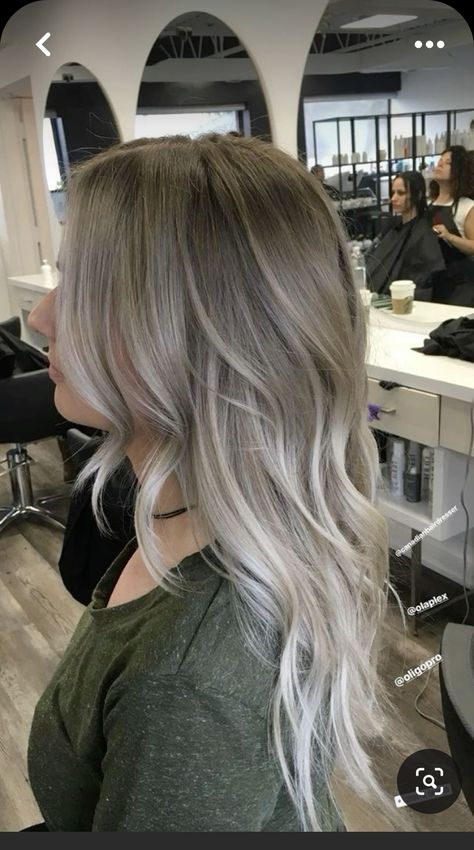 Balayage Hair Ash Grey Platinum Blonde, Ash Blond Dark Roots Balayage, Dark Blonde To Platinum Balayage, Grey Balayage On Blonde Hair, Ashy Blond Brown Hair, Brown And Ashy Blonde Hair, Ashy Blonde All Over Color, Ash Brown With Platinum Balayage, Light Cool Ash Brown Hair