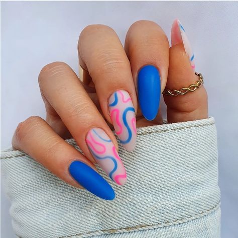 Neon Pink And Blue Nails, Dark Blue And Pink Nails, Pink And Blue Nails Design, Pink And Blue Nails, Nail Designs Pink, Pink Blue Nails, Royal Blue Nails Designs, Blue And White Nails, Blue Coffin Nails