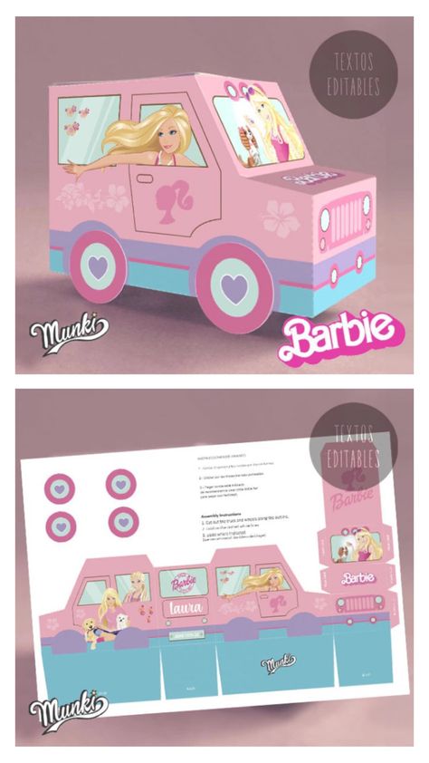 Barbie girl printable candy box Truck favor birthday party Barbie Candy Box Ideas, Barbie Party Favor Boxes, Barbie Party Printables, Barbie Party Favors Diy, Barbie Box Template, Barbie Favor Boxes, Candy Box Ideas, Barbie Party Favors, Printable Barbie