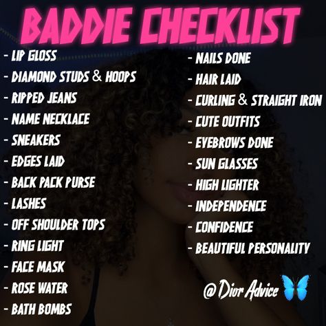 How To Be A Baddie Checklist, Baddie Shopping List, Astrosdaughter Tips, Baddie Essentials List, Baddie Maintenance, Glow Up Shopping List, Baddie Necessities, Baddie Checklist, Baddie List