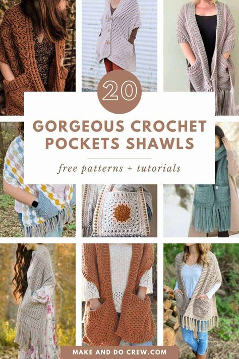 Looking for the best pocket scarves crochet patterns? This collection of crochet shawls and wraps, curated by Make and Do Crew, is for you! From simple to modern, we've got you covered. Some even include hooded long pochet shawl patterns which can ba a stylish accessory. Whether you're making a boho, fringed, or chunky comfort shawl, these pocket shawl crochet patterns will inspire your next project. Visit the blog to get these free crochet patterns. Crochet Wrap With Pockets Free Pattern, Boho Crochet Shawl Pattern Free, Pocket Shawls Free Pattern, Crochet Pocket Shawl Pattern Free, Scarves Crochet Patterns, Crochet Pocket Scarf Pattern, Crochet Blanket Shawl, Crochet Pocket Shawl, Prayer Shawl Crochet Pattern