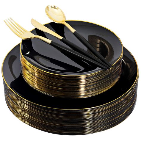 Black Plastic Plates, Gold Plastic Silverware, Black Dessert, Gold Plastic Plates, Plastic Dinnerware Sets, Black Dinner, Plastic Silverware, Gold Dinnerware, Gold Cutlery