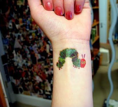 the very hungry caterpillar tattoo Catapiller Tattoo, Hungry Catapiller, Caterpillar Tattoo, Teacher Tattoos, Caterpillar Party, Literary Tattoos, Symbol Tattoos, The Very Hungry Caterpillar, Book Tattoo