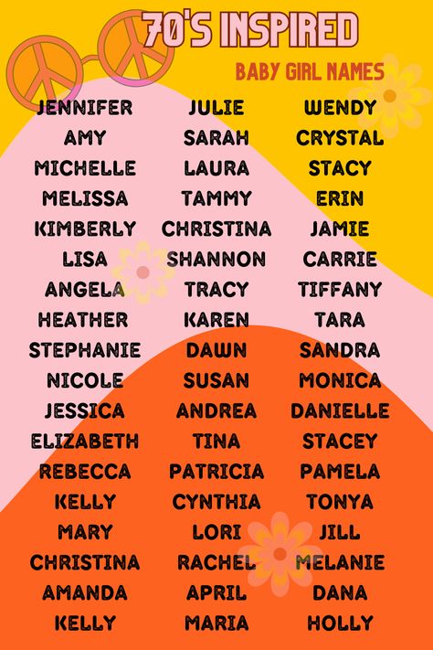 Cute 70's inspired baby girl names! Over 50 seventies most popular names | cute names | first name | girl middle name | Do you spot a name of someone you know? 80s Names List, 2000s Names, 70s Names, First Names For Characters, Popular 80s Names, 60s Names, 90s Names, 70s Doodles, Y2k Names