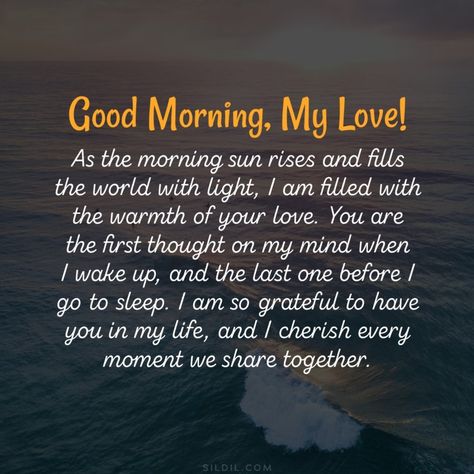 Good morning, my love! As the morning sun rises and fills the world with light, I am filled with the warmth of your love. You are the first thought on my mind when I wake up, and the last one before I go to sleep. I am so grateful to have you in my life, and I cherish every moment we share together. My love, looking into your eyes reminds me of the immense beauty and wonder that exists in this world. You are truly the most amazing person I have ever met, and your love fills me with a happiness Good Morning Quotes For My Love, Good Morning Soulmate, Grateful For Your Love, Sweet I Love You Quotes For Him, Morning Blessings For Him, Good Morning To My Husband, Good Morning My Husband I Love You, Love Morning Quotes For Her, I Love You Good Morning