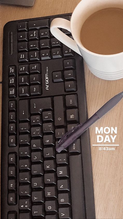 A keyboard, blue ink pen and a cup of coffee with milk Positive Instagram Stories, Monday Morning Instagram Story, Monday Ig Story Ideas, Monday Mood Instagram Story, Monday Snapchat Stories, Sunday Morning Instagram Story, Monday Aesthetic Instagram, Monday Instagram Story Ideas, Sunday Snapchat Stories