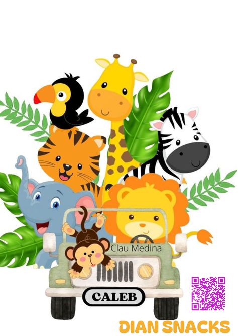 Personalized School Supplies Labels, Safari Car, Safari Bus, Moldes Para Baby Shower, Jungle Theme Birthday Party, Baby Jungle Animals, Safari Animals Birthday, Animal Theme Birthday, Baby Birthday Invitations