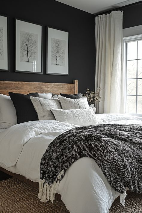 Black and grey bedroom ideas can create a cozy and comfortable space with the right touches. Add warmth with soft textures like velvet, faux fur, and wool.  Consider layering throws and pillows in different shades of grey and black to create a luxurious and inviting feel. Charcoal And White Bedroom, Dark Grey Bedding Ideas, Dark Gray Bedroom Ideas, Black Grey Bedroom Ideas, Black Gray Bedroom, Black Grey Bedroom, Grey Window Seat, Gray And White Bedroom Ideas, Black And Grey Bedroom Ideas