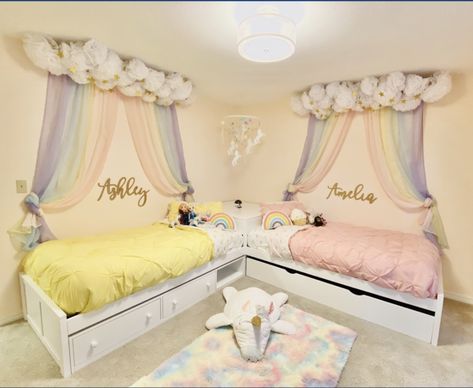 Small Room Decor For Two Sisters, Sisters Small Bedroom Ideas, Sister Rooms Shared, Small Sisters Bedroom Ideas, Small Sister Bedroom Ideas, Twin Bedroom Ideas For Girls Sisters, Twin Girl Bedrooms Toddler, Twin Girl Toddler Bedroom, Sister Bedroom Ideas Toddler