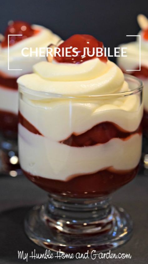 · 6 servings

 


 • Cherries Jubilee Dessert

1-1/4 cups cold milk

1/4 tsp. almond extract

1 (4 serving) JELL-O White Chocolate Instant Pudding and Pie Filling

1 Tblsp. sliced almonds (toasted)

1 cup of stabilized whipped cream *see recipe below

1 can of Cherry Pie Filling
 • *Stabilized Whipped Cream

1/2 cup Heavy Whipping Cream

3-3/4 tsp. Powdered Sugar

2-1/4 tsp. Meringue Powder

1/4 tsp. Vanilla
 • Directions ►https://myhumblehomeandgarden.com/2019/02/17/cherries-jubilee-dessert-a-simple-recipe-youll-love/ Cookie Apple Pie, Valentines Dessert, Cherry Jubilee, Mini Dessert Cups, Pudding Dessert, Cherry Filling, Simple Dessert, Cherry Desserts, Cherries Jubilee