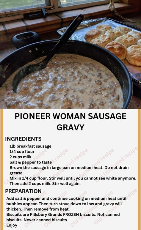 Pioneer Woman Sausage Gravy 😋 - Old fashioned recipes Pioneer Woman Sausage Gravy, Sausage Gravy Recipe, Gravy Ingredients, Gravy Recipe, Sausage Gravy, Christmas Breakfast, Food Tasting, Gravy Recipes, Breakfast Recipes Casserole