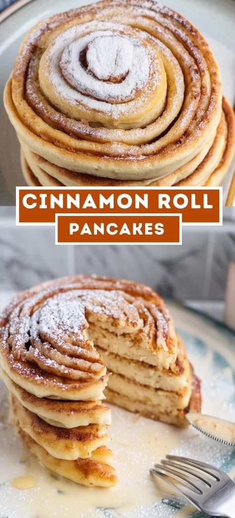 Cinnamon Roll Pancakes Double Chocolate Pancakes, Cinnamon Swirl Pancakes, Cinnamon Roll Pancakes Recipe, Banana Bread Pancakes, Lemon Pancakes, Yummy Pancake Recipe, Dessert Pasta, Protein Pancakes Recipes, Cinnamon Icing