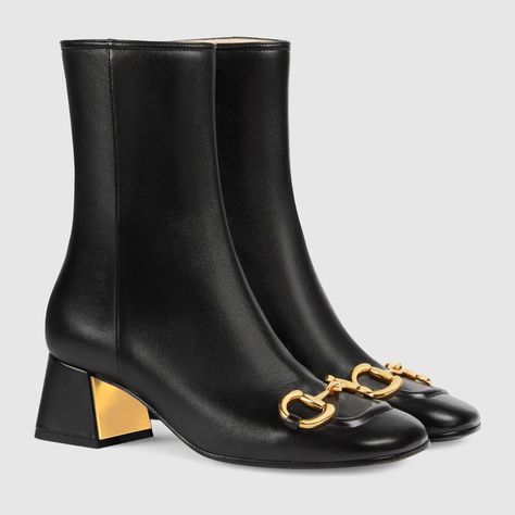 Shop the Women's mid-heel ankle boot with Horsebit in black at GUCCI.COM. Enjoy Free Shipping and Complimentary Gift Wrapping. Boots For Women Ankle, Boots Elegant, Mid Heel Ankle Boots, Elegant House, Womens Leather Ankle Boots, Designer Ankle Boots, Gucci Boots, Ankle Boots Black, Womens Ankle Boots