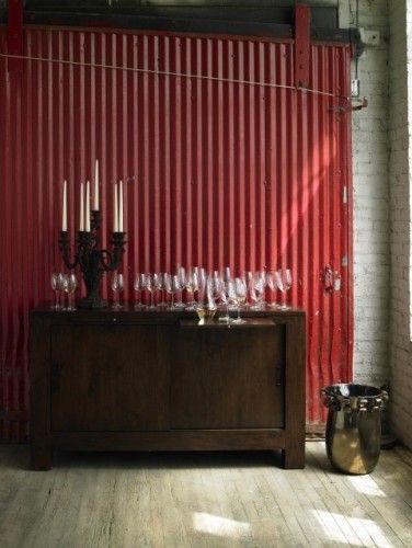 Ooooh. I love the corrugated metal sliding barn door. Corrugated Metal Wall, Tin Interior, Corrugated Tin, Wine Cellar Design, Barn Door Designs, Cellar Design, Metal Barn, Metal Siding, Tin Walls