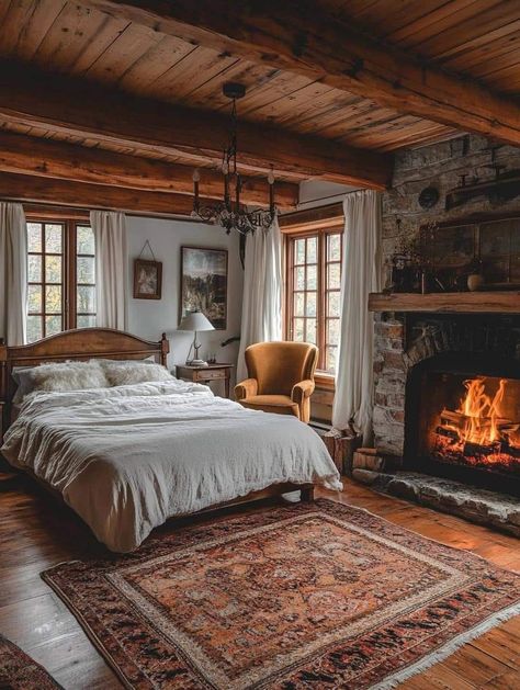 Rustic Wallpaper Bedroom, Bedroom Stone Fireplace, Stone Fireplace Cottage, Stone Fireplace Bedroom, Rustic Country Bedroom Decor, Primary Bedroom With Fireplace, Stone Cottage Bedroom, Cottage In The Woods Interior, Lake Cottage Bedroom Ideas