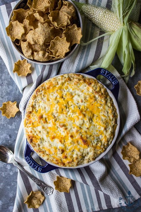 Savory Spreads, Green Chile Corn, Cheesy Corn Dip, Warm Appetizers, Labor Day Recipes, Cheesy Corn, Beach House Kitchen, Corn Dip, Green Chiles