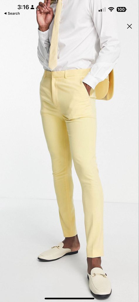 Light Yellow Weddings, Grey Suspenders, Tan Suit, Yellow Suit, White Dress Shoes, Yellow Pants, Suit Pant, Yellow Ties, Suit Trousers