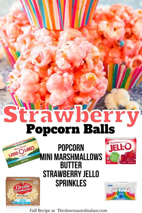 Mother Goose Popcorn Recipe, Marshmellow Popcorn Balls Recipe, Popcorn Balls Jello, Strawberry Popcorn Balls, Pink Popcorn Balls, Popcorn Puff Recipes, Strawberry Popcorn Recipe, Banana Pudding Popcorn, Pink Treats For Party