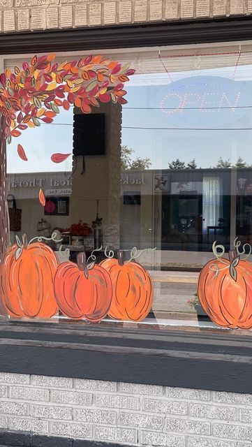 Work Window Decorations, Halloween School Window Display, Fall Pumpkin Window Painting, Fall Window Scene, Fall Storefront Window Painting, Fall Tree Window Painting, Fall Business Window Displays, Fall Painting On Windows, Fall Halloween Window Painting