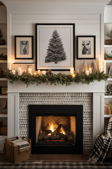 A picture of a fireplace and mantle with beautiful Christmas decorations. Mantle Ideas With Tv, Farmhouse Mantle Ideas, Fireplace Tv Stand Decor Ideas, Christmas Farmhouse Mantle, Cozy Christmas Mantle, Mantle With Tv Decorating Ideas, Christmas Mantle Ideas, Winter Mantle Decor, Winter Mantle