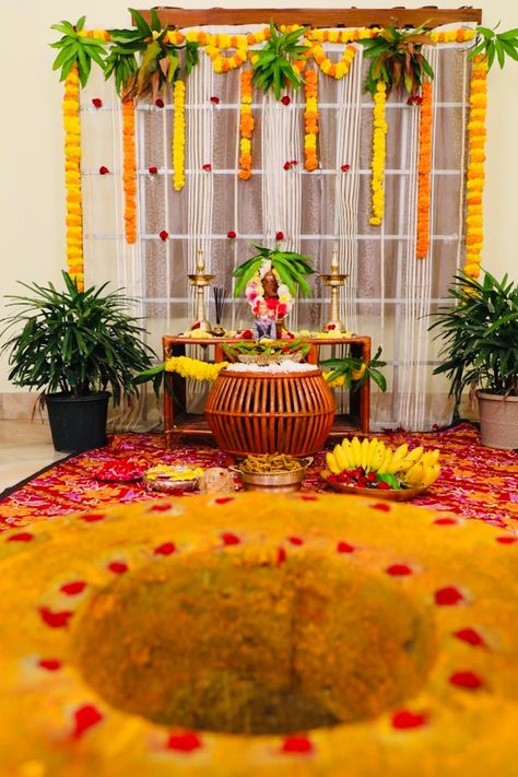 Pasupu Danchadam Decoration, Pasupu Function Decoration, Pasupu Kottadam Decoration, Ganesh Pooja, Puja Decor, Hindu Wedding Ceremony, Ganapati Decoration, Wedding Background Decoration, Housewarming Decorations