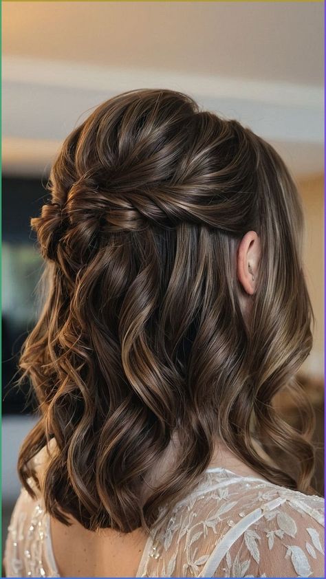 Half Up Half Down Wedding Hair For Medium Hair, Wedding Medium Hairstyles Half Up, Layered Bridesmaid Hair, Hairstyles For Medium Length Hair Bridal, Hair Styles Medium Length Wedding, Curls Styles Hairstyles, Short Hair Curled Half Up Half Down, Half Up Half Down Updo Short Hair, Short Wedding Hair Half Up Half Down