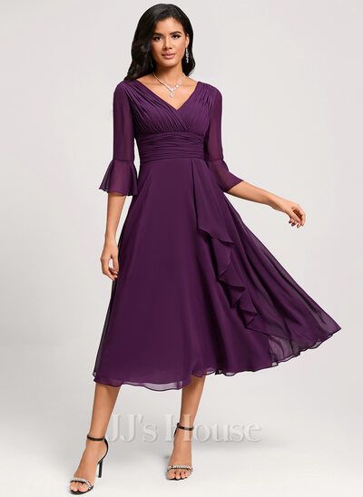 [US$ 134.00] A-line V-Neck Tea-Length Chiffon Cocktail Dress With Ruffle (016294475) Winter Wedding Dress Ideas, Mother Of Groom Outfits, Cocktail Dresses With Sleeves, Mother Of The Groom Dress, Chiffon Cocktail Dress, Lace Beach Wedding Dress, Two Piece Homecoming Dress, Prom Dresses Two Piece, Lace Homecoming Dresses